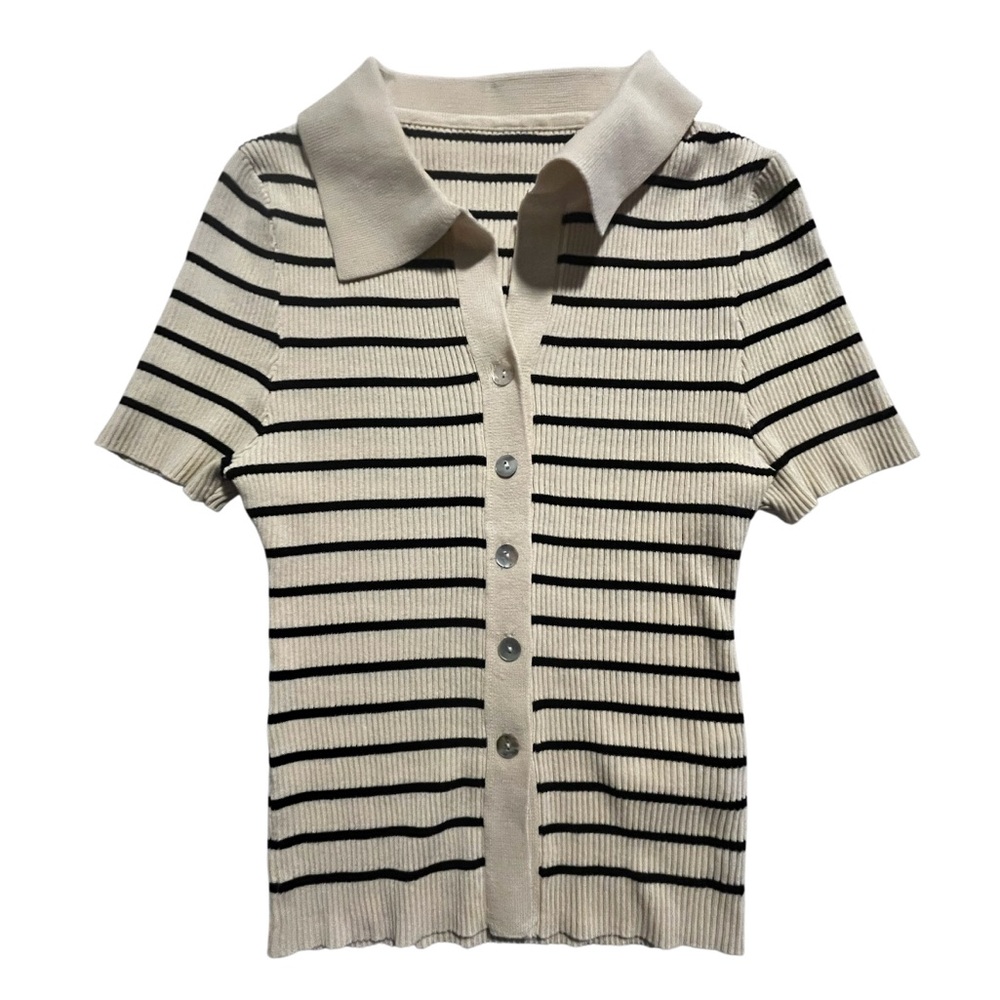 Women’s Striped Polo Shirt - Black and Cream size XS